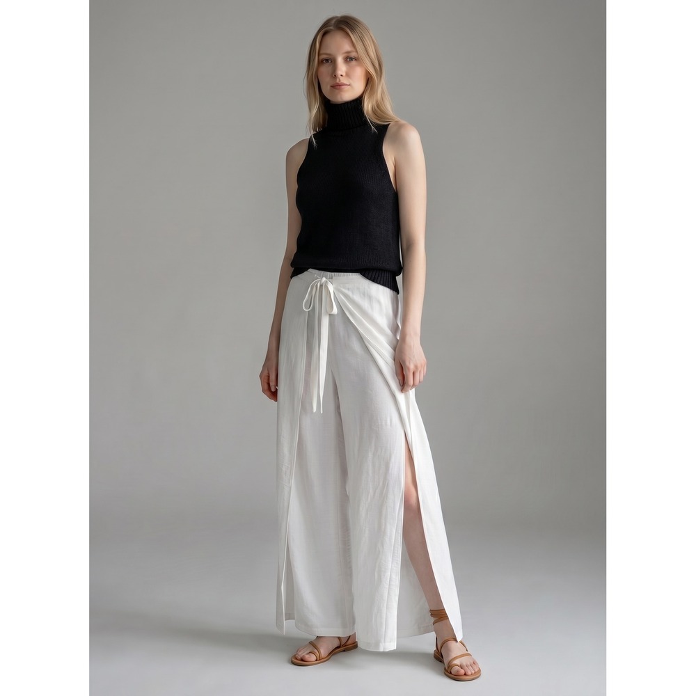Zara White Wide Leg Wrap Split Front Tie Waist Pants 0264/159 XL‎ NEW